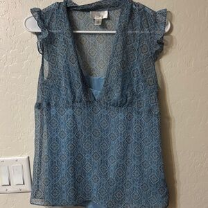 LOFT Blue Geometric V-Neck Flutter Sleeve Camisole